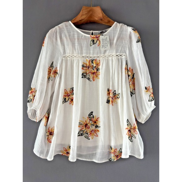 Rose & Everly Tops - Rose & Everly Sunflower Embroidered Lace Inset Boho Cottage Blouse NWT Women's M